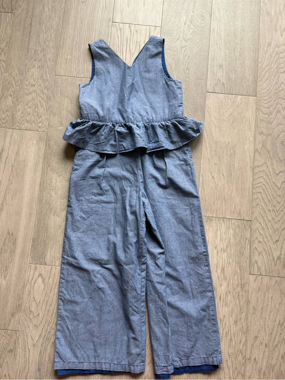 Janie and Jack Chambray Ruffle-Waist Sleeveless Jumpsuit in Blue